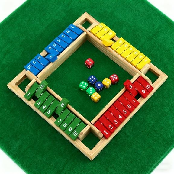 Wooden Shut The Box Dice Game for 4 Players - Family & Pub Math Strategy Activity with 8 Dice, Colorful Number Tiles & Classic Wooden Board for Game Nights & Educational Fun