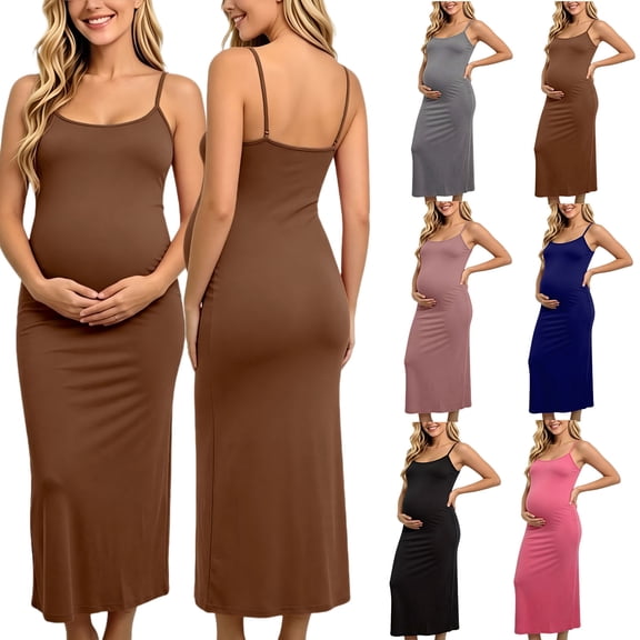 qolati Maternity Summer Maxi Dress Summer Spaghetti Strap Scoop Neck Baby Shower Photoshoot Casual Boho Sleeveless Long Sundress S-3XL