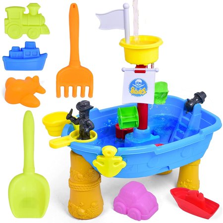 Fun Little Toys 26 Pcs 2-in-1 Sand Water Table  26PCS Kids Beach Sand Summer Toys for Outside & Outdoor Activity  Sandbox Table with Water Wheel  Molds  Shovel for Boys Girls  Toddlers Birthday Gifts