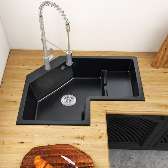 Homary 32" Modern Black Drop In Corner Kitchen Sink Single Bowl Quartz Irregular Right Sink