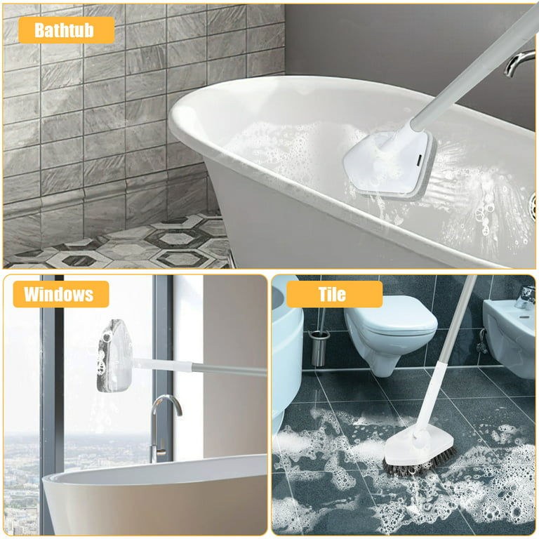 Bathtub Tub Scrubber with Long Handle Scrub Brush for Shower, 48.4 inch Shower Scrubber Brush for Cleaning, 2 in 1 Shower Cleaning Brush Tile Tub