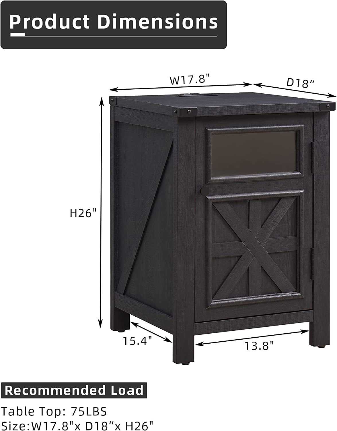 T4TREAM 17.8" W Farmhouse Wooden Nightstand End Table with Charging Station and Storage, Black