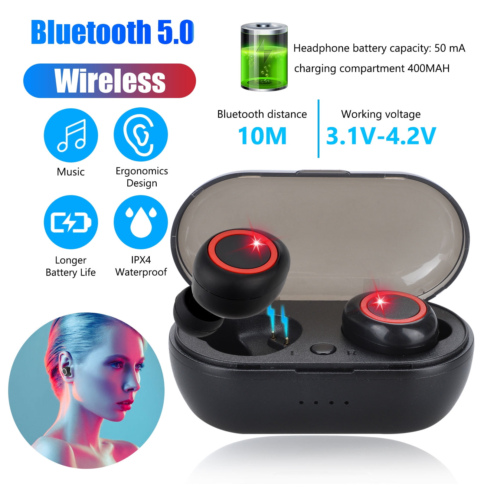 Wireless Earbuds,TWS Stereo Deep Bass Headset Waterproof Headphones in-Ear Touch Control Earbuds Built-in Mic for Sport, Gym, Running, Compatible with iPhone Samsung Android