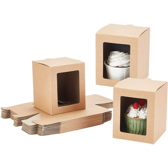 30pcs Kraft Paper Box with Window BrownGift Box Cube Packaging Boxes Soap Packaging Boxes for Favor Backed Goods Cookie Candy Candles Stone Diffuser 3x3x4 Tan