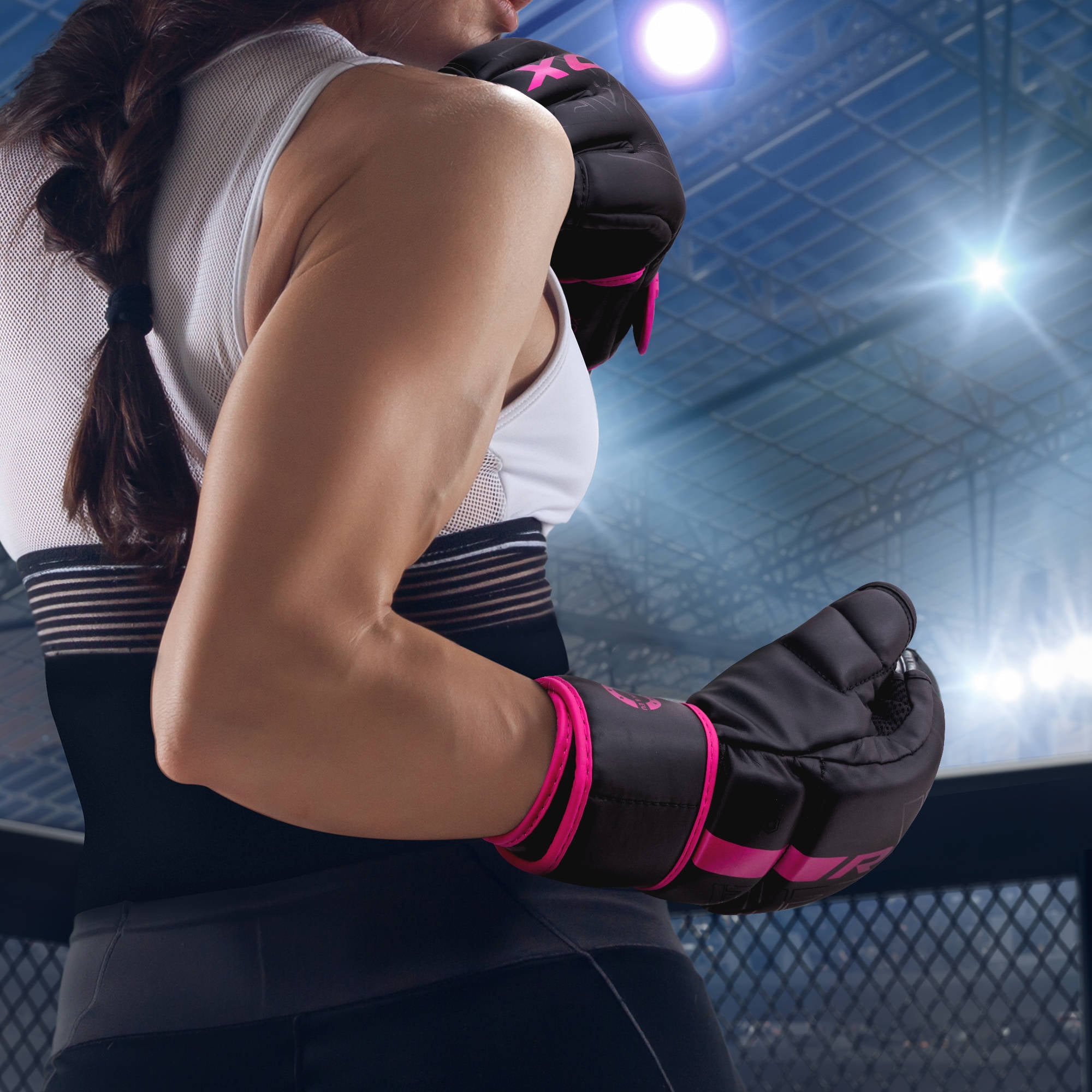 RDX MMA Boxing Gloves Grappling, Pre-Curved Martial Arts Mitts, Ventilated Palm Kara Pink L