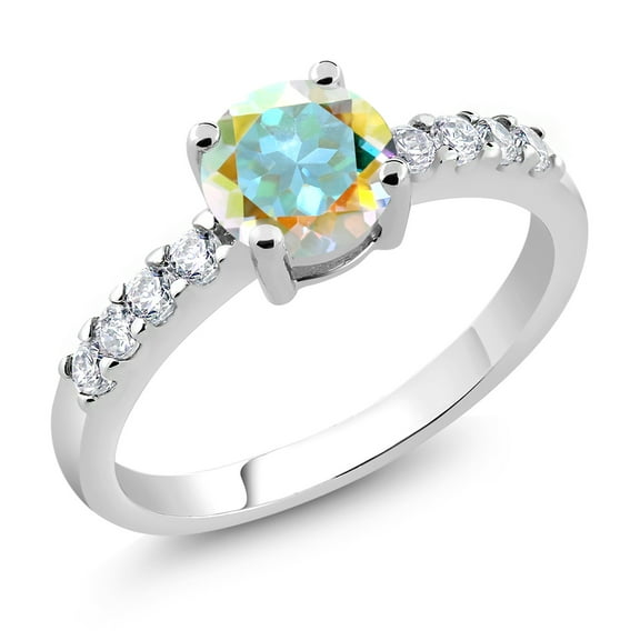 Gem Stone King 1.24 Ct Round Mercury Mist Mystic Topaz Rhodium Plated Ring (Size 7)