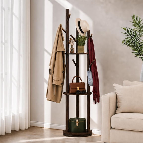 LUOLUO Coat Rotating Rack with 3 Shelves and 9 Hooks,Wood Coat Hanger, Coat Rack Freestanding for Hats, Coats, Scarves, Bags in Bedroom/Office/Entryway, Walnut