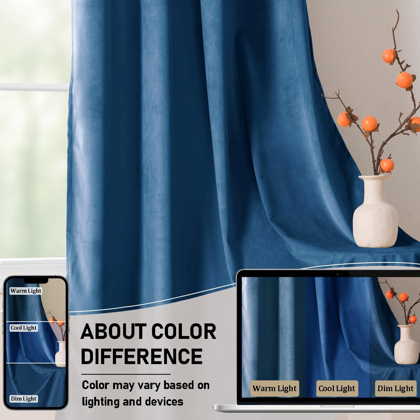 JIUZHEN Velvet Curtains 63 inches Long - Super Soft Room Darkening Thermal Insulating Window Drapes for Bedroom Living Room Dining Backdrop, W 52 x L 63 inch, Blue, 2 Panels
