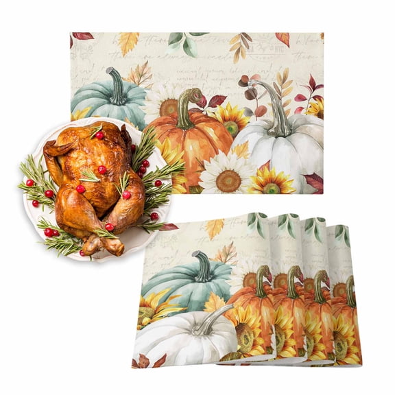 Fall Placemats Set of 4 Autumn Leaves Sunflower Place Mats Thanksgiving Placemat Vintage Green White Pumpkin Table Mats for Dining Kitchen Table Holiday Dinner Party Home Fall Decorations 13x19 Inch