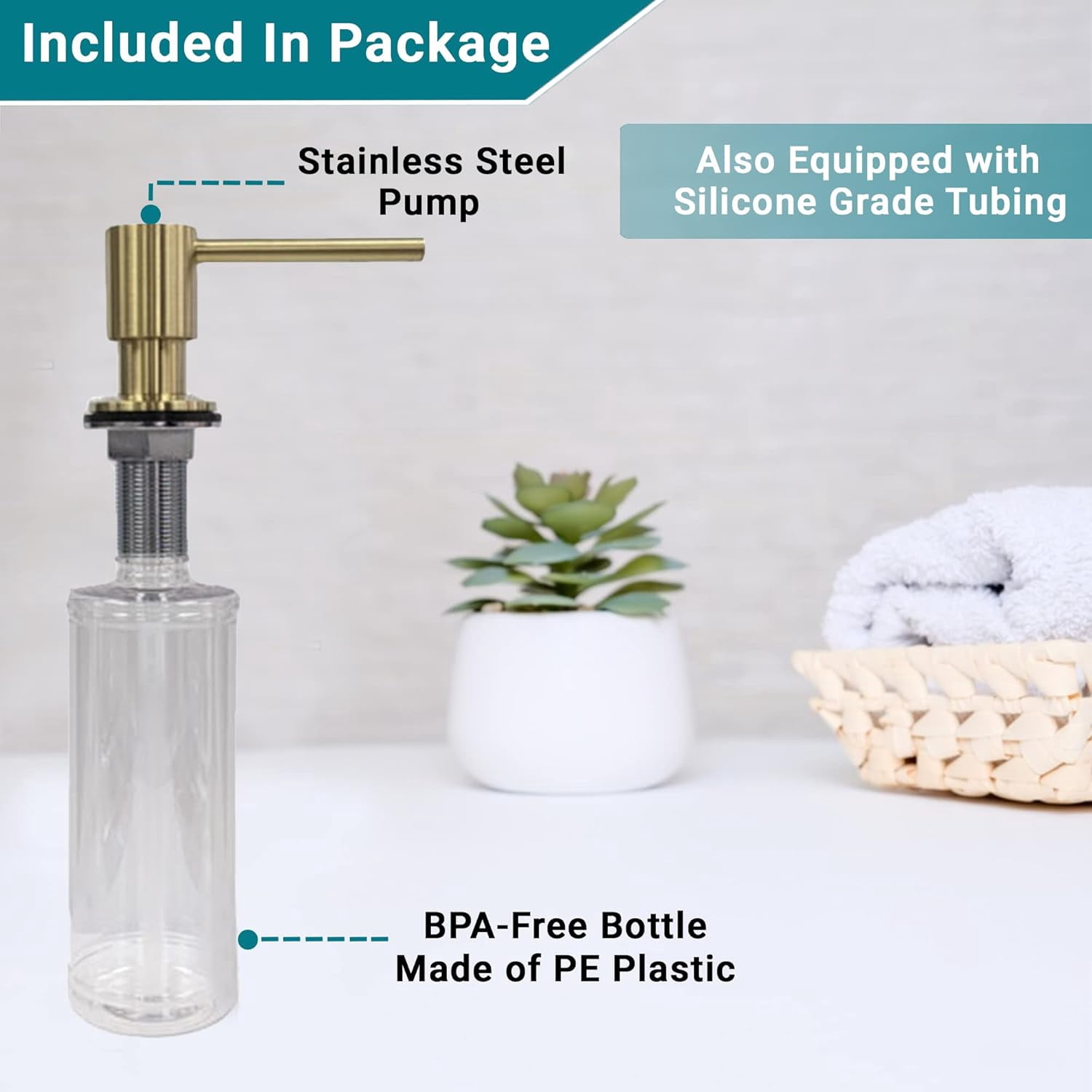 Strictly Sinks Contemporary Liquid Soap Dispenser - Stainless Steel Dish Soap Dispenser, Refillable Kitchen Soap Dispenser for Kitchen Sink, Soap Dispenser Bottle with Stainless Steel Pump