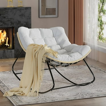 VIVISPECIAL Outdoor Rocking Chair,Grand patio Rocking Chair Outdoor,Papasan Rocking Chair with Cushion,Padded Rocking Chair for Front Porch, Bedroom, Garden, Patio, White