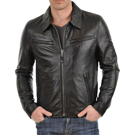 New Mens Black Leather Jacket Slim Fit Biker Motorcycle Genuine Leather Coat A573