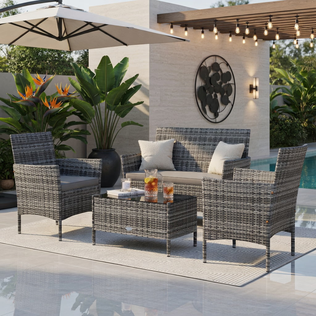 Hommoo 4-Piece Outdoor Rattan Conversation Set with Tempered Glass Coffee Table, PE Wicker, Gray