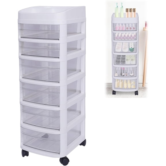 6 Drawer Rolling Cart Storage Tower,Clear Plastic Rolling Organizer w/Wheels Brakes,Bins Drawer Cart Storage Organizer Trolley Tower for Home Office White