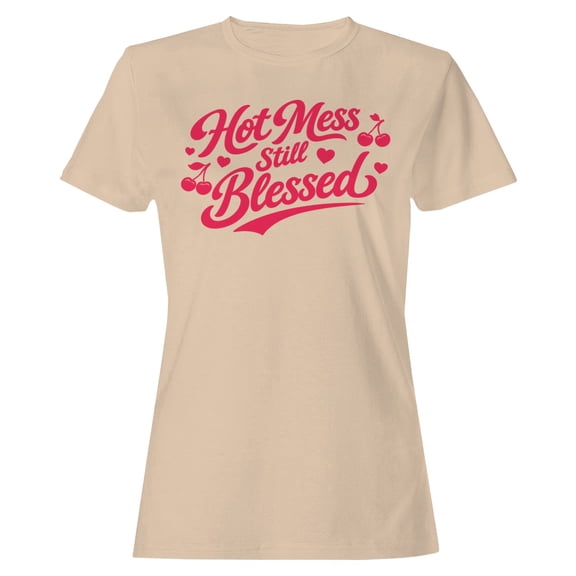 Smartprints Hot Mess Still Blessed Cherry Hearts Women's T-shirt Natural, Cotton, S