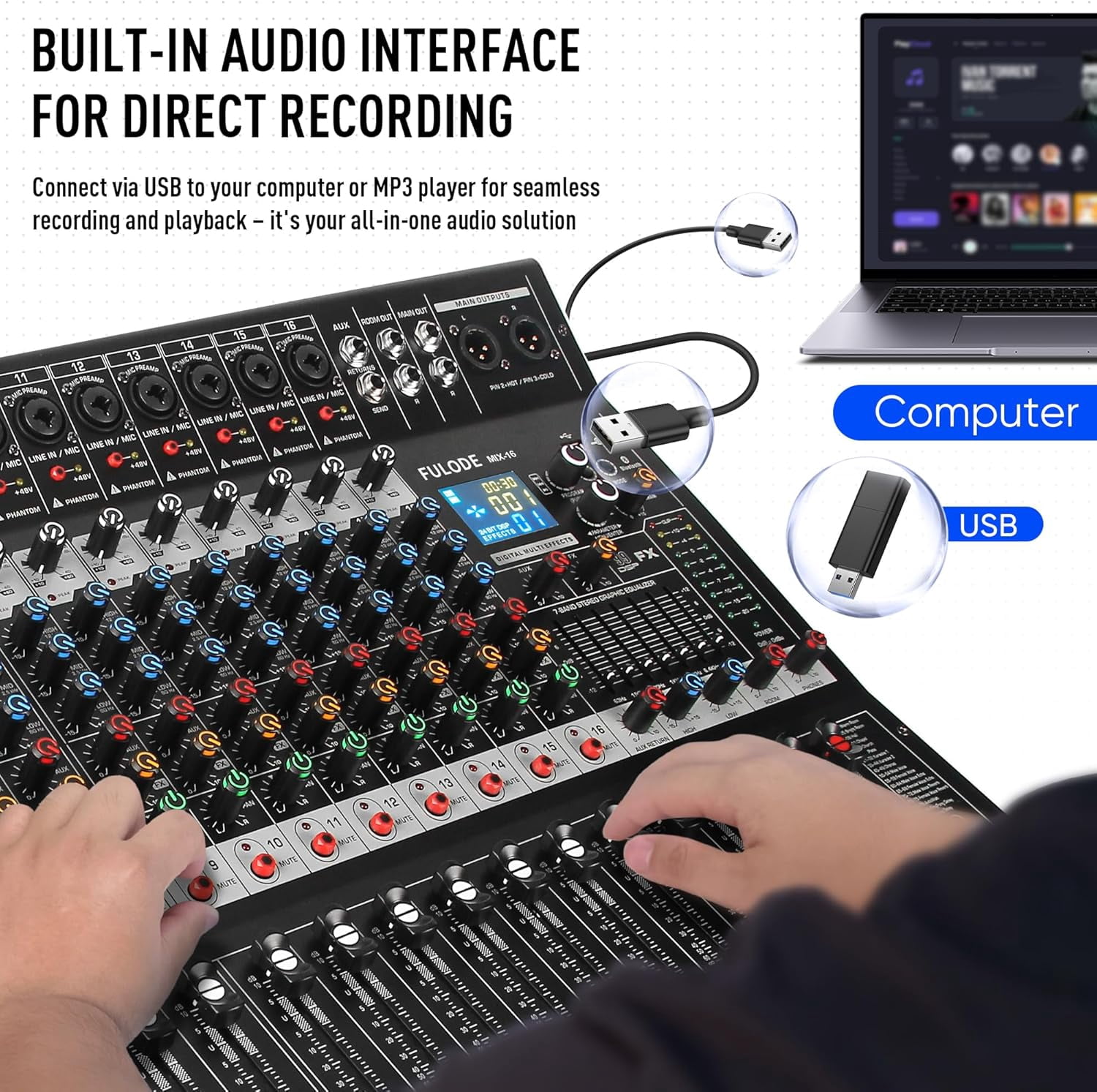 FULODE 16-Channel Audio Mixer with 99 DSP, Professional Audio Console Digital Sound Music Mixing Board DJ Mixer w/USB Input Bluetooth MP3 48V Power Supply Mute Function for Studio Live Performance