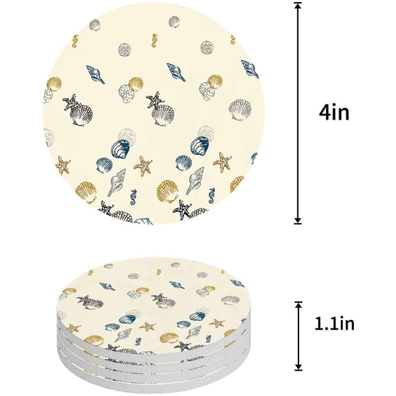 FMSHPON Ocean Theme Simple Seashell Starfish Conch Set of 4 Round Coaster for Drinks, Absorbent Ceramic Stone Coasters Cup Mat with Cork Base for Home Kitchen Room Coffee Table Bar Decor