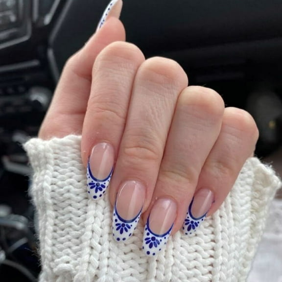 Yoyauz 24pcs French Pointed Nail Press, Short Fake Nail, Square Nail Press, And Blue Blue And White Porcelain 2 Design Charm Acrylic Nails Suitable For Girls And Women