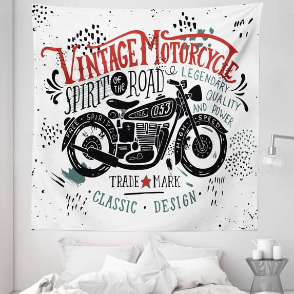 Motorcycle Tapestry, Composition with of the Road Free High Speed, Fabric Wall Hanging Decor for Bedroom Living Room Dorm, 5 Sizes, Slate Blue Vermilion, by Ambesonne