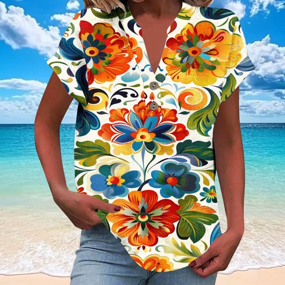 Jjayotai Womens Golf Polo Shirts, V Neck Short Sleeve T Shirt, Lightweight Moisture Wicking Polo, Casual 2 Buttons Outfits, Bohemian Clothes for Women Plus Size Beige^ XXXL