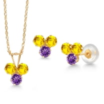 Gem Stone King 14K Yellow Gold Yellow Sapphire and Purple Amethyst 3 Stone Pendant and Earrings Jewelry Set for Women (1.10 Cttw, Round 3MM, with 18 inch Chain)