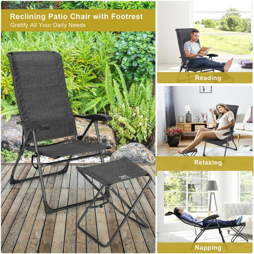 GVN Outdoor Kitchen Chair, Dinner Chairs,4 Pieces Patio Adjustable Back Folding Dining Chair Ottoman Set-Gray
