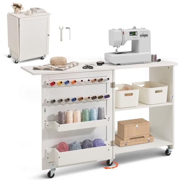 Folding Sewing Table, Multipurpose Sewing Machine Table with Compact Design, Wheels, Shelves, Storage Trays, Wooden Pegs, and Magnetic Doors, Sewing Desk Cabinet for Sewing Machine, White