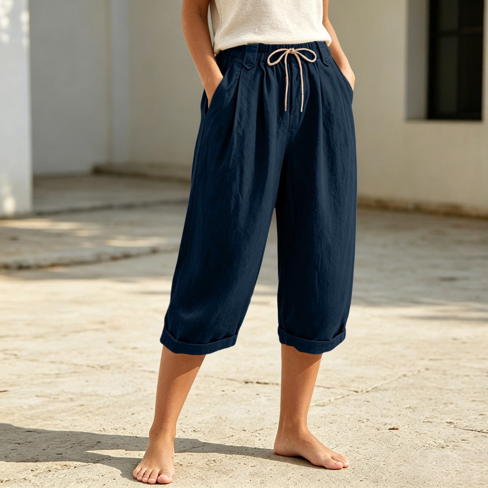 Women s Casual Pants for Everyday Wear with Wide Leg Comfort and Elastic High Waist Trousers for Seasonal Leisure and Holidays Navy L
