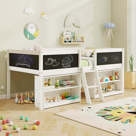 Costway Twin Size Low Loft Bed with Ramp Ladder & Bookcases Full-length Safety Guardrail - White