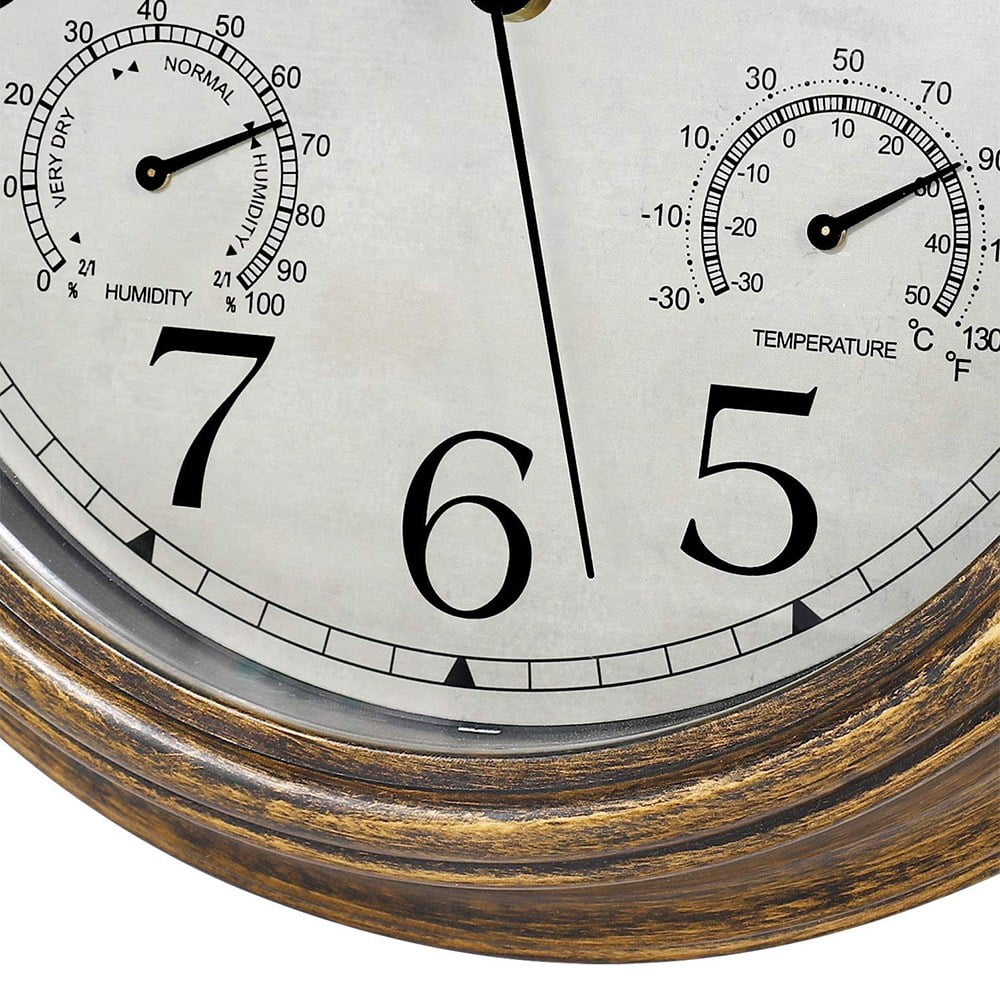 12inch Wall Clock,Retro Waterproof Clock with Displays Thermometer&Hygrometer,Noise-Free Clock for Indoor/Outdoor