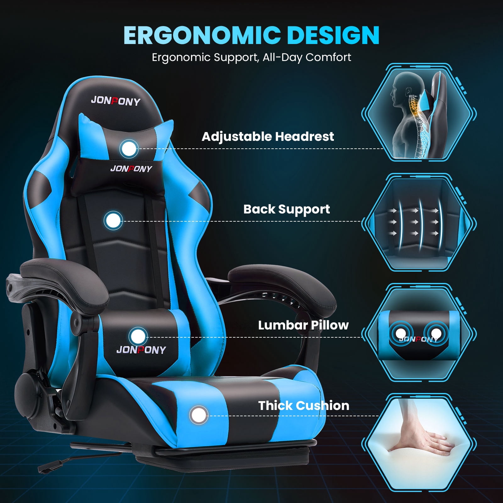 JONPONY Big and Tall 500LBS Gaming Chair, Ergonomic Design, Gamer Chair PU Leather with Footrest and Lumbar Support, High Back Office Chair Support, Long Sitting Computer Chair, Blue