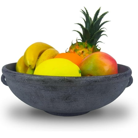 Large Resin Decorative Bowl with Side Ring Accents – Black Whitewashed Terracotta Look, Rustic Farmhouse Fruit Bowl for Kitchen Counter or Table Centerpiece