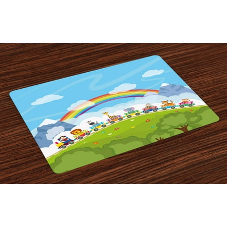 Train Mountain Railroad - Nursery Placemats Set of 4 Cartoon Railway Train with Various Animals and a Rainbow Mountains Clouds Trees, Washable Fabric Place Mats for Dining Room Kitchen Table Decor, Multicolor, by Ambesonne