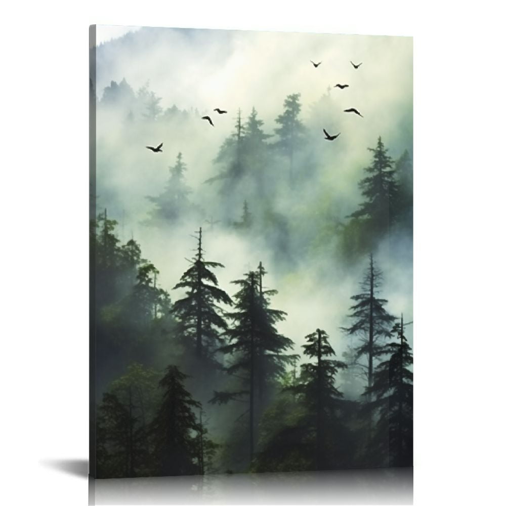 JRXY Framed Canvas Wall Art For Living Room Family Wall Decorations For Bedroom Wall Decor Foggy Forest Trees Landscape Paintings Room Pictures Artwork Home Decor Canvas Art Prints 12x16 in