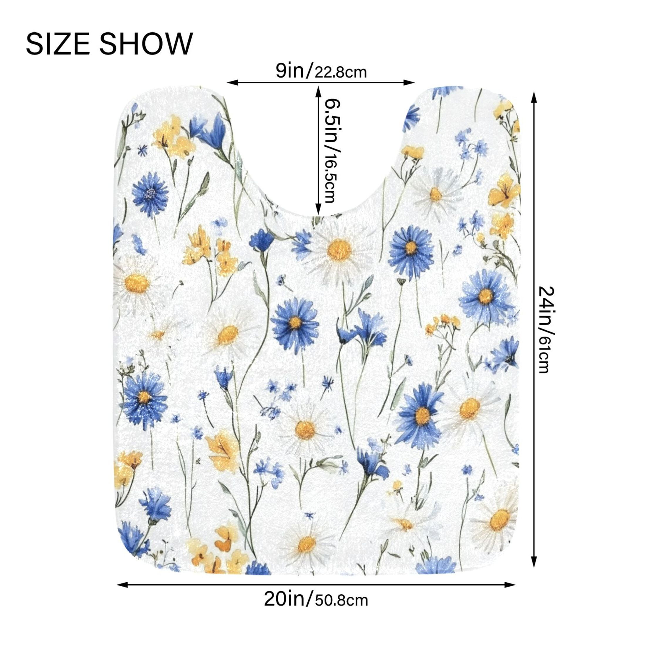 2 Piece Soft Bathroom Rug Set Blue and Yellow Wildflowers Bath Mat and U-Shaped Toilet Contour Rug (16"x24"+20"x24")