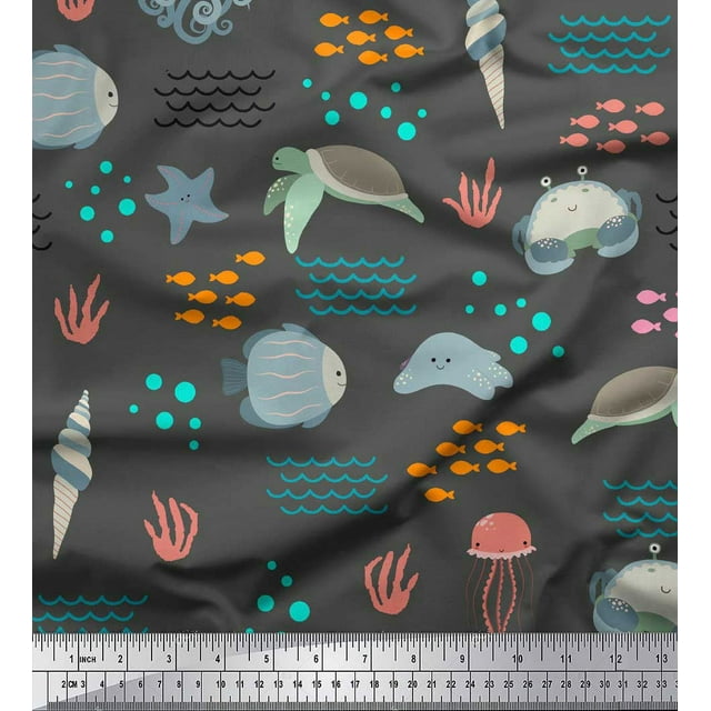 Soimoi Gray polyester Crepe Fabric Crab & Tortoise Ocean Fabric Prints By Yard 42 Inch Wide
