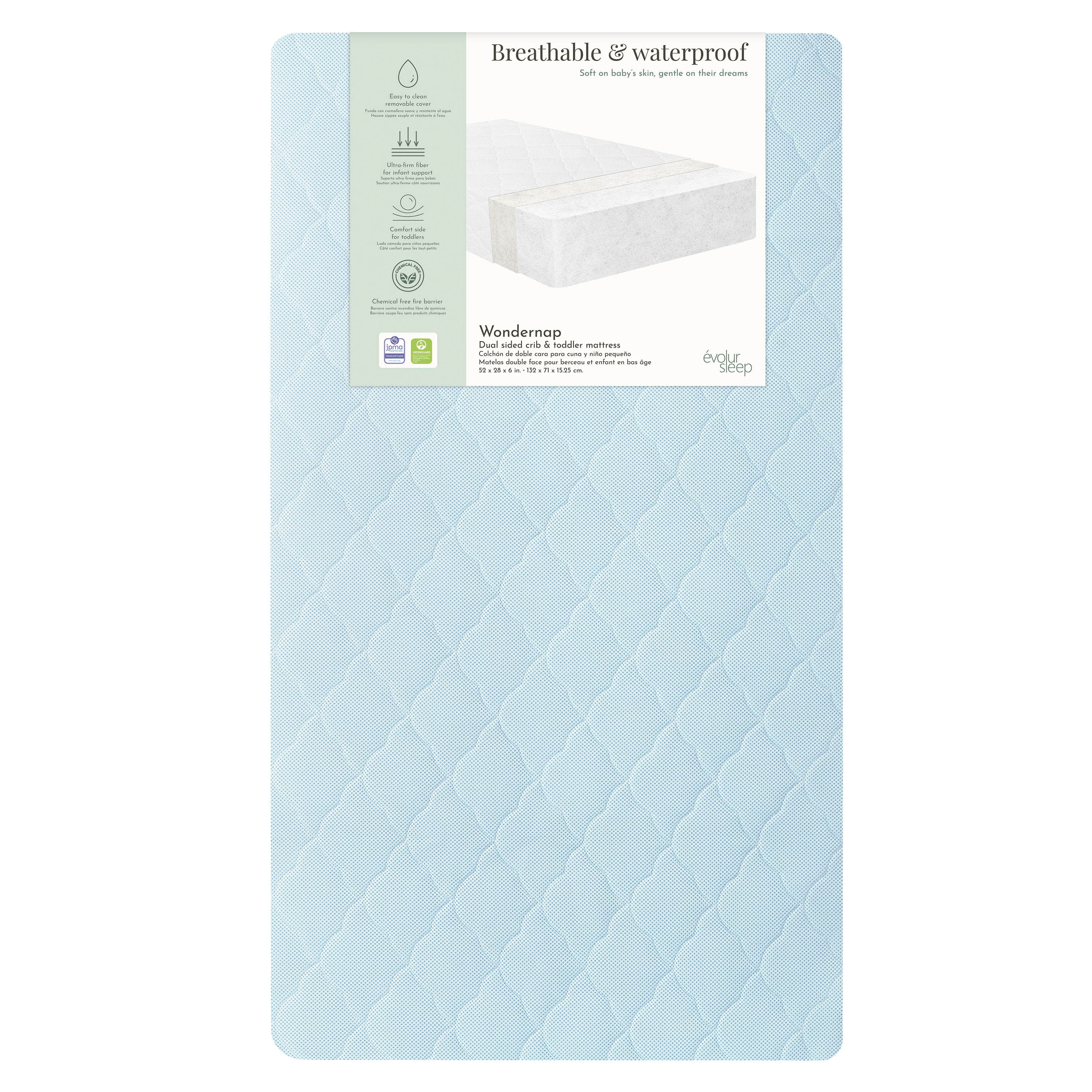 Evolur Wondernap 2 in 1 Full-size Crib Mattress, Blue