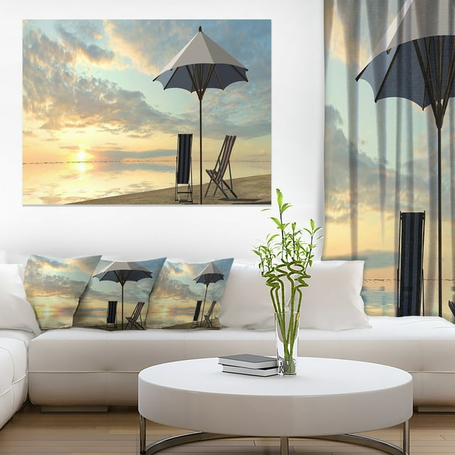 Chaises Longues et Parasol sur la Plage - Uvre d'Art Moderne sur Toile