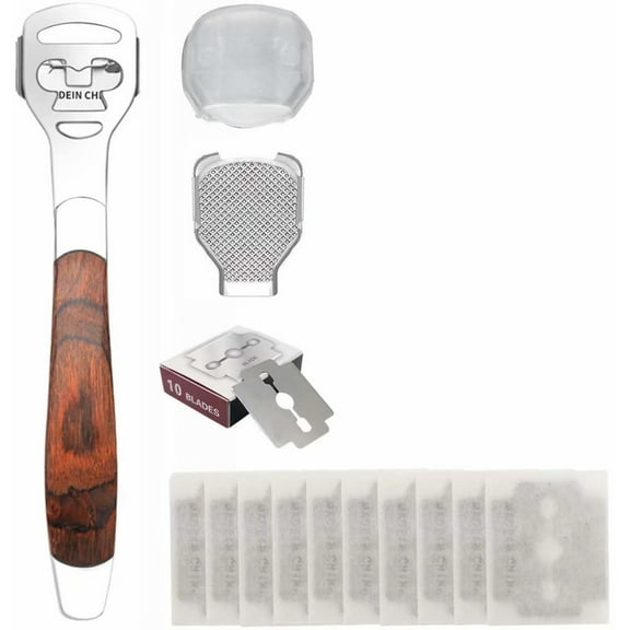 Shaver Set Foot Files, Stainless Steel Foot Scraper for Foot Care Dead & Safe Hard Skin Remover with Wood Handle and 10 Blades Heel Scrapers for Gift