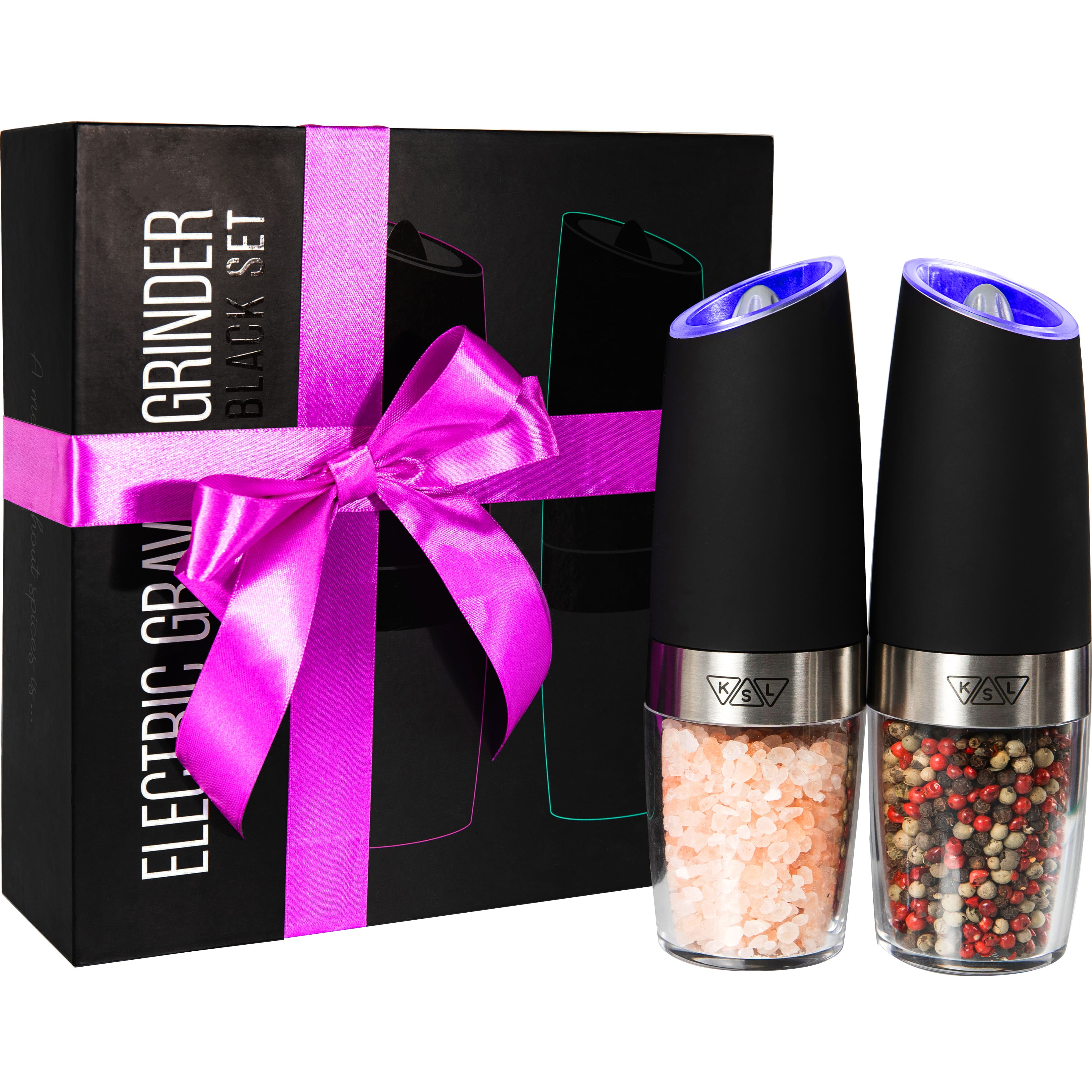 KSL Gravity Electric Salt and Pepper Grinder Set (Black) - Battery Operated Mill, Automatic Shaker with Light