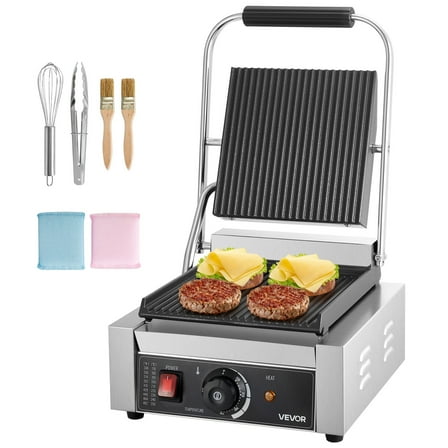 VEVOR Commercial Panini Grill, 1800W Electric Sandwich Panini Maker, Stainless Steel Sandwichs Press Grill with Handle and Temp Control, 8.8x9 in Full Grooved Enamel Plate for Hamburger Steak Bacon