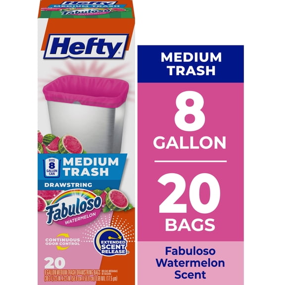 Hefty Medium Trash Bags, Pink, Fabuloso Watermelon Scent, 8 Gallon, 20 Count