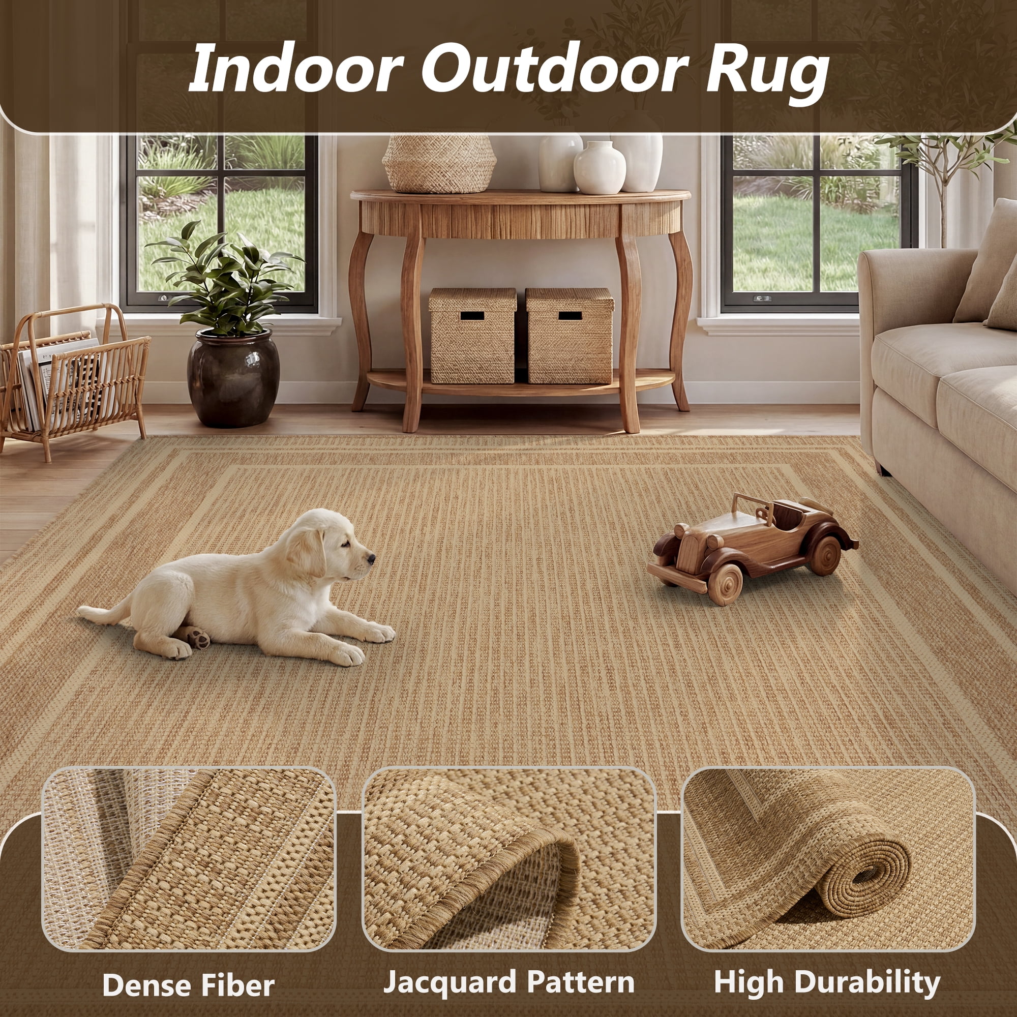 SIXHOME Outdoor Rugs 8'x10' Patio Rug Modern Bordered Indoor Outdoor Rugs Polypropylene Washable Non Shedding, Easy Clean, Waterproof, Durable Outdoor Carpet for Porch Balcony Deck Neutral Brown