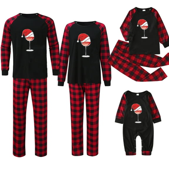 Penkiiy Family Christmas Pjs Matching Sets Parent-child Attire Christmas Suits Patchwork Plaid Printed Homewear Round Neck Long Sleeve Pajamas Two-piece Sets Black Christmas Pajamas 2-3 Years