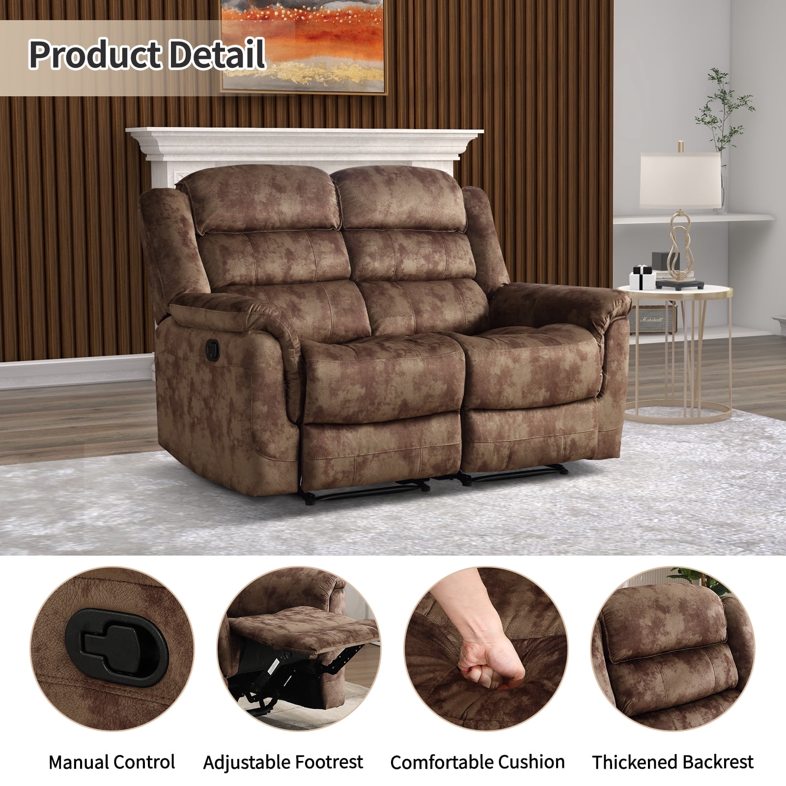 Bonzy Home Cloth Loveseat Recliner Manual Reclining Sofa for Living Room & Meeting Room Brown