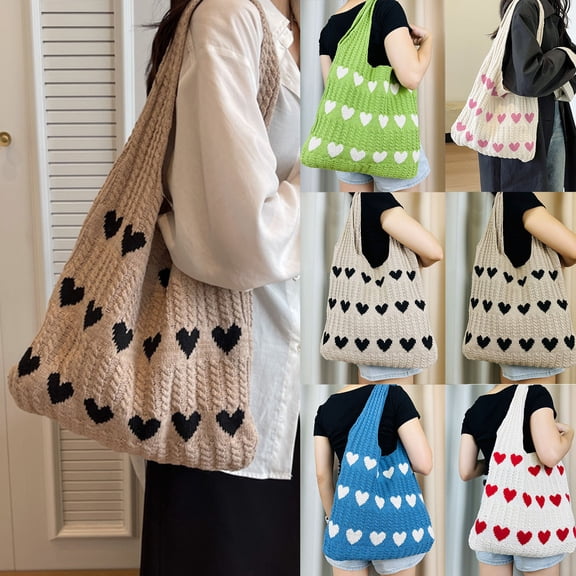 Crochet Tote Bag for Women Heart Embroidery Mesh Beach Bags Knit Summer Vacation Boho Shoulder Handbags Beige