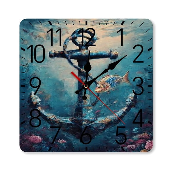 RKSupls 10×10inch Square Silent Wall Clock Wooden Frame, Anchor Underwater Fish Scale Decorative Clock for Home Bedroom Living Room Office