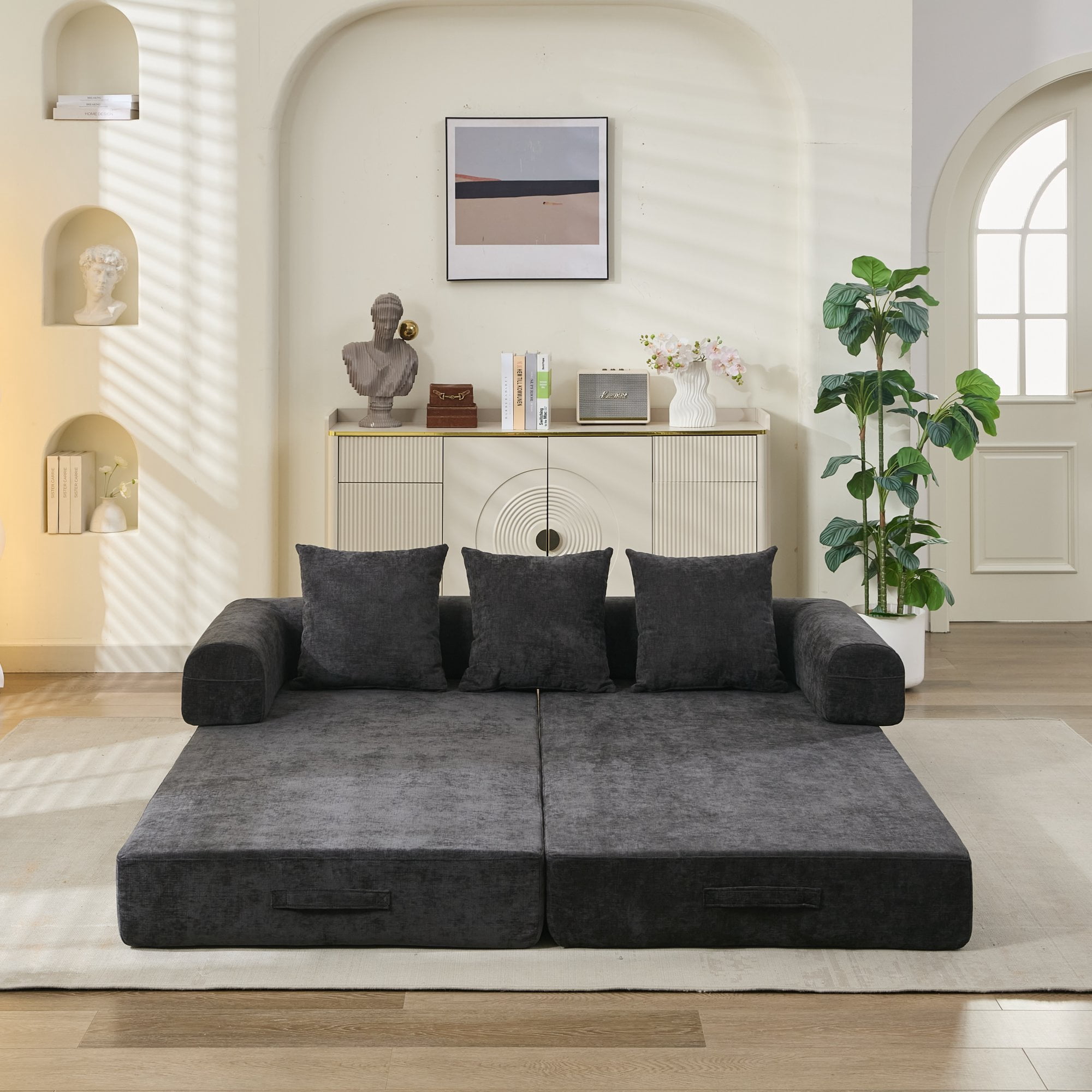 Leumius 78.8" Convertible Futon Sofa Bed, Boneless Couch for Living Room, Chenille Boneless Loveseat Sleeper Sofa, Foldable Floor Sleeper Mattress Lounge for Living Room Bedroom, No Assembly,Black