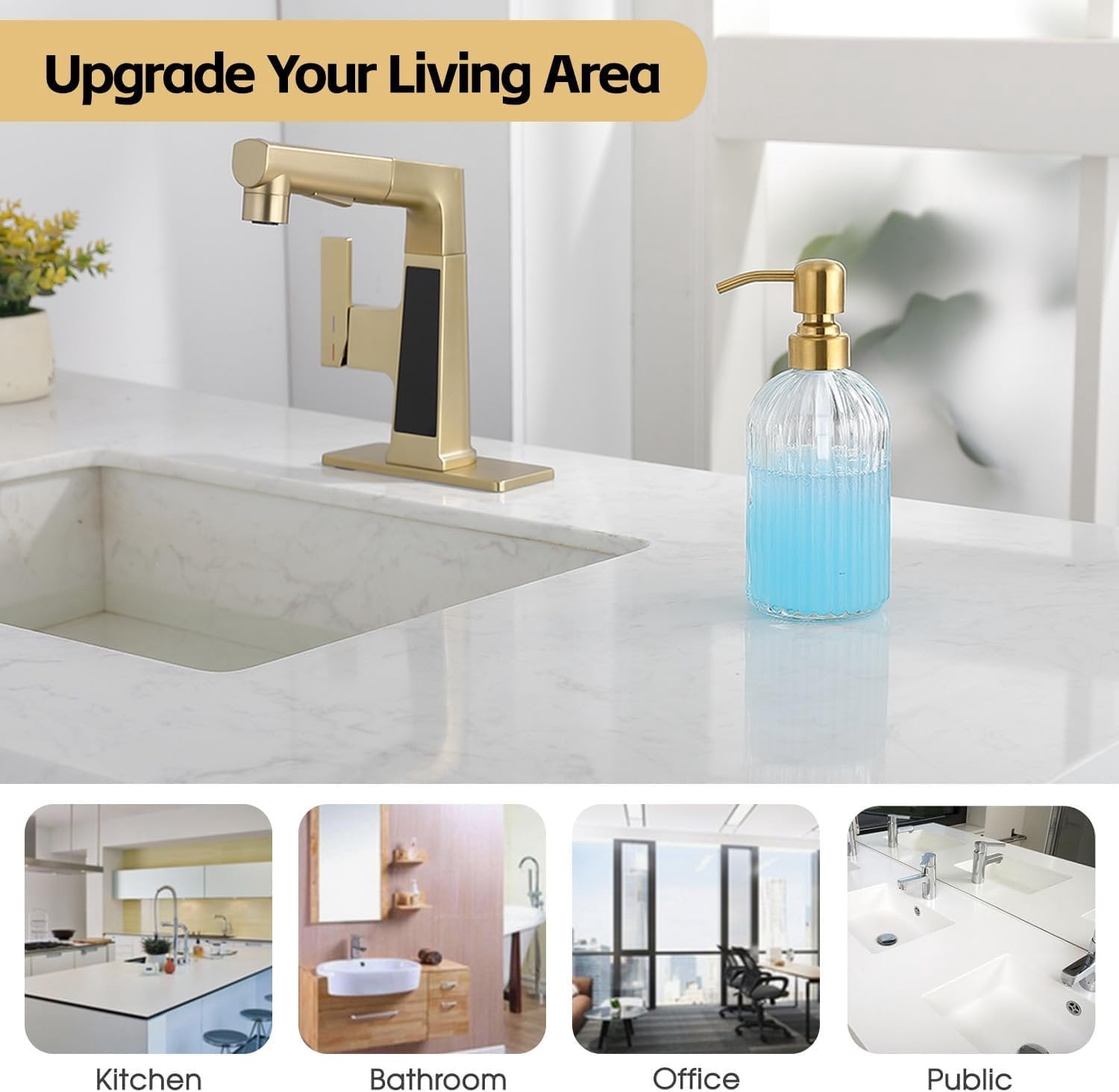 Refillable Glass Kitchen Soap Dispenser,16oz Bathroom Soap Dispenser with Vertical Strip,Golden 304 Stainless Steel Pump , Clear Thick Glass,for Modern  Decor, Countertop, Hotel