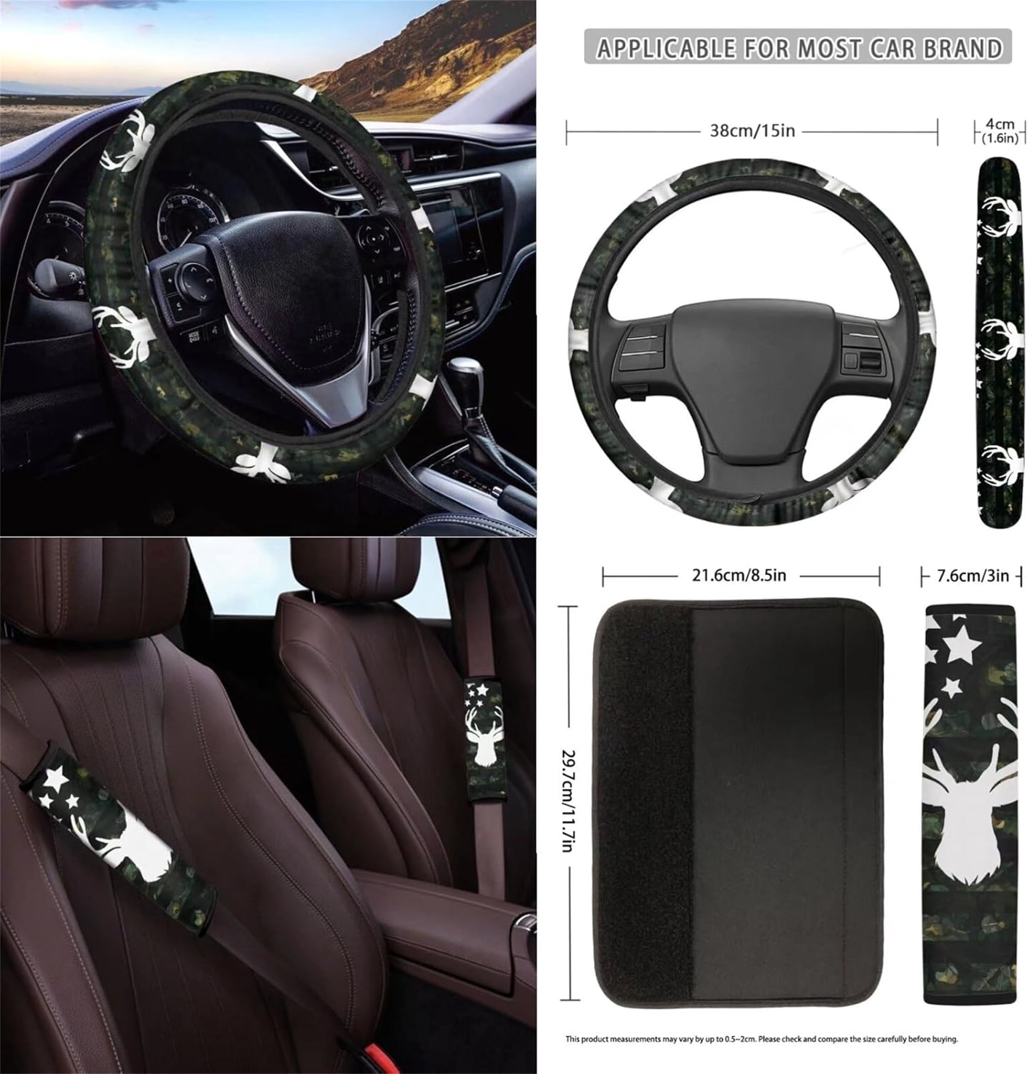 Jeiento Deer 12 PCS Front Car Seat Covers Set with Steering Wheel Cover Seat Belt Strap Pad Armrest Pad Trash Bag Phone Holder Rearview Mirror Cover Cup Holder Key Chain American Flag Camo Hunting